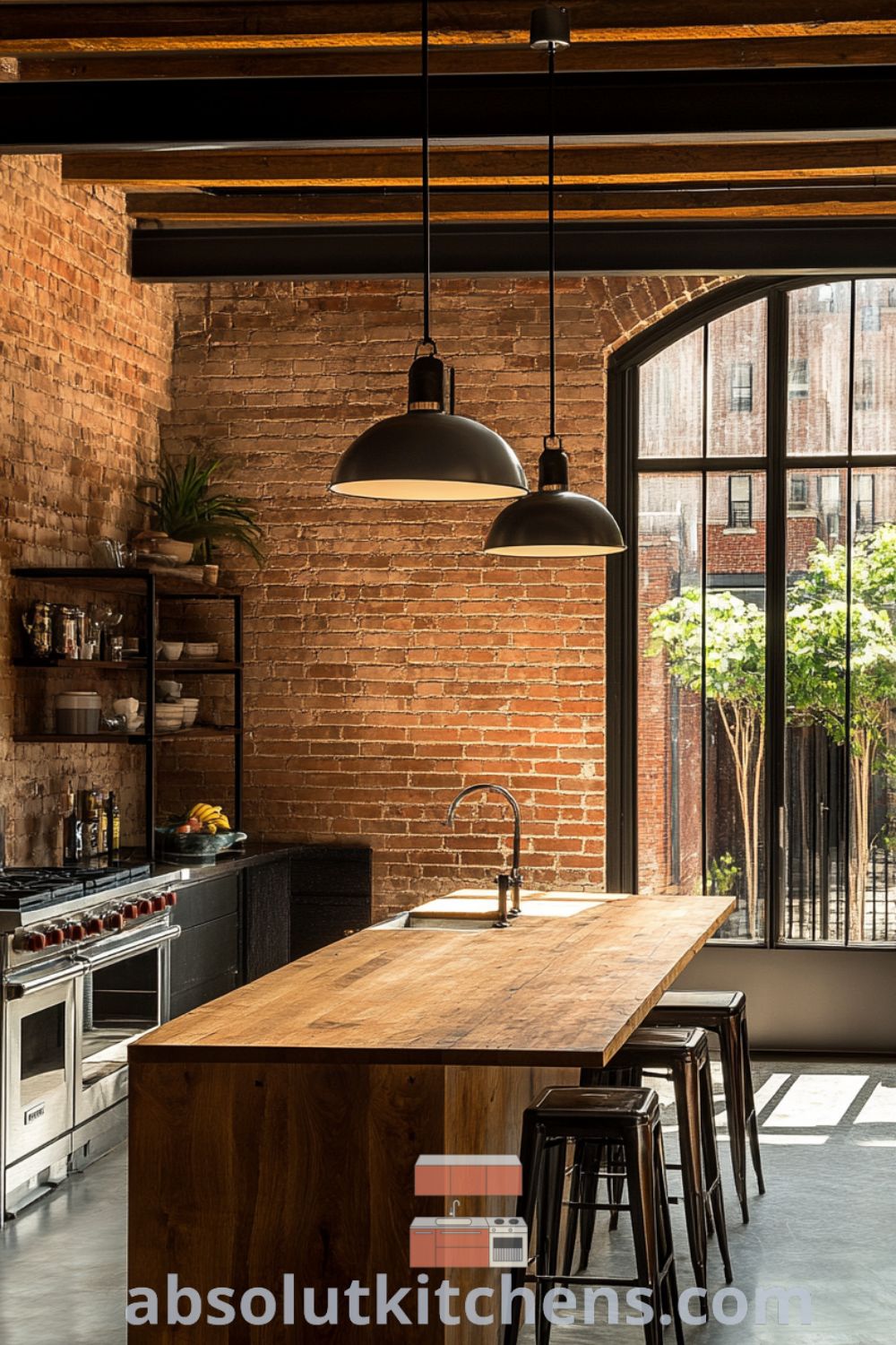 Cozy Industrial Kitchen design on absolutkitchens.com featuring exposed brick walls, polished concrete floors, and decor ideas for small spaces.