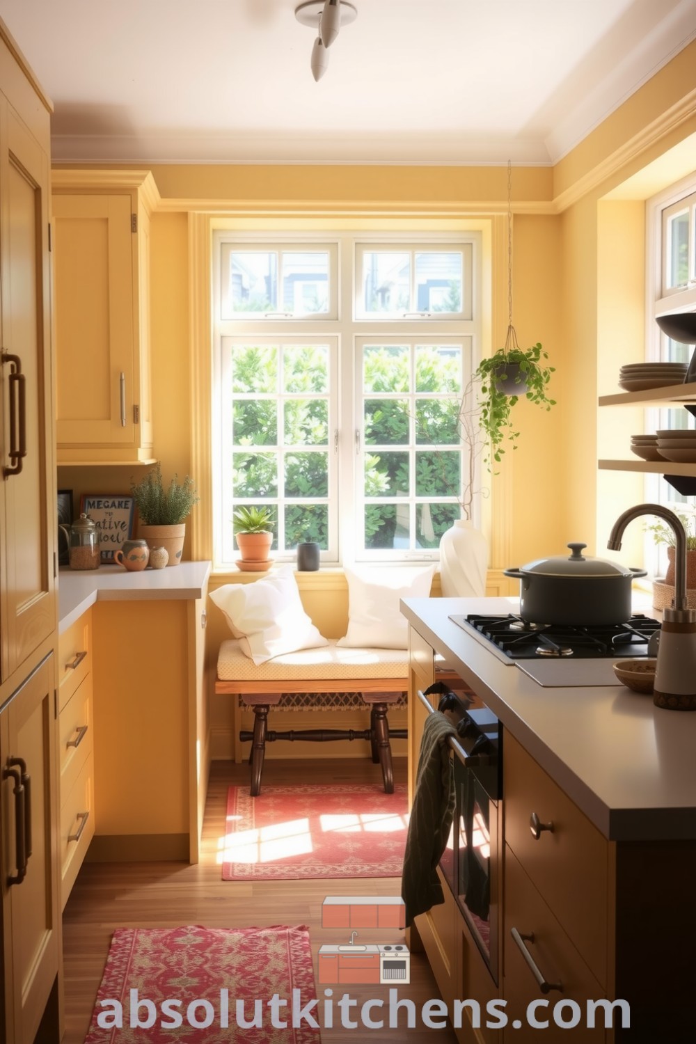 Cozy Scandinavian kitchen with pale wood cabinetry and worn stone countertops, illuminated by sunlight, featuring a cozy nook with potted herbs and eclectic dishware, providing inspiring decor ideas for a warm and inviting home ambiance at fireplacesandwoodstoves.com.