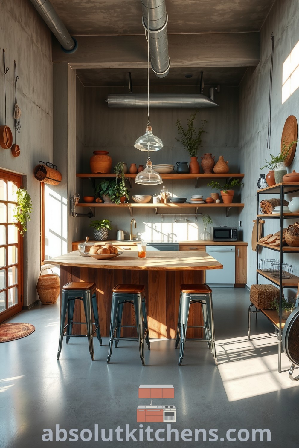Loft kitchen featuring grey concrete walls, a spacious reclaimed wood island, metal stools, and large windows inviting sunlight, creating a cozy atmosphere perfect for culinary creativity with hanging herbs and rustic decor inspirations. Visit fireplacesandwoodstoves.com for more cozy ideas.