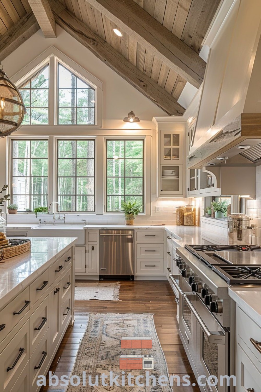 A large kitchen with white cabinets, wood floors, and an area rug, showcasing a cozy modern farmhouse style. This inviting space offers inspiring decor ideas for small homes and emphasizes farmhouse luxury. Explore more chic kitchen designs at absolutkitchens.com.