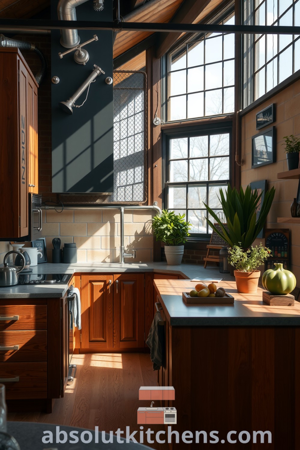 Cozy loft kitchen featuring rich brown wooden cabinets, industrial metal accents, and a spacious island, illuminated by natural light streaming through large windows, creating an inviting atmosphere perfect for culinary adventures and gatherings. Visit fireplacesandwoodstoves.com for cozy home design ideas and inspirations.