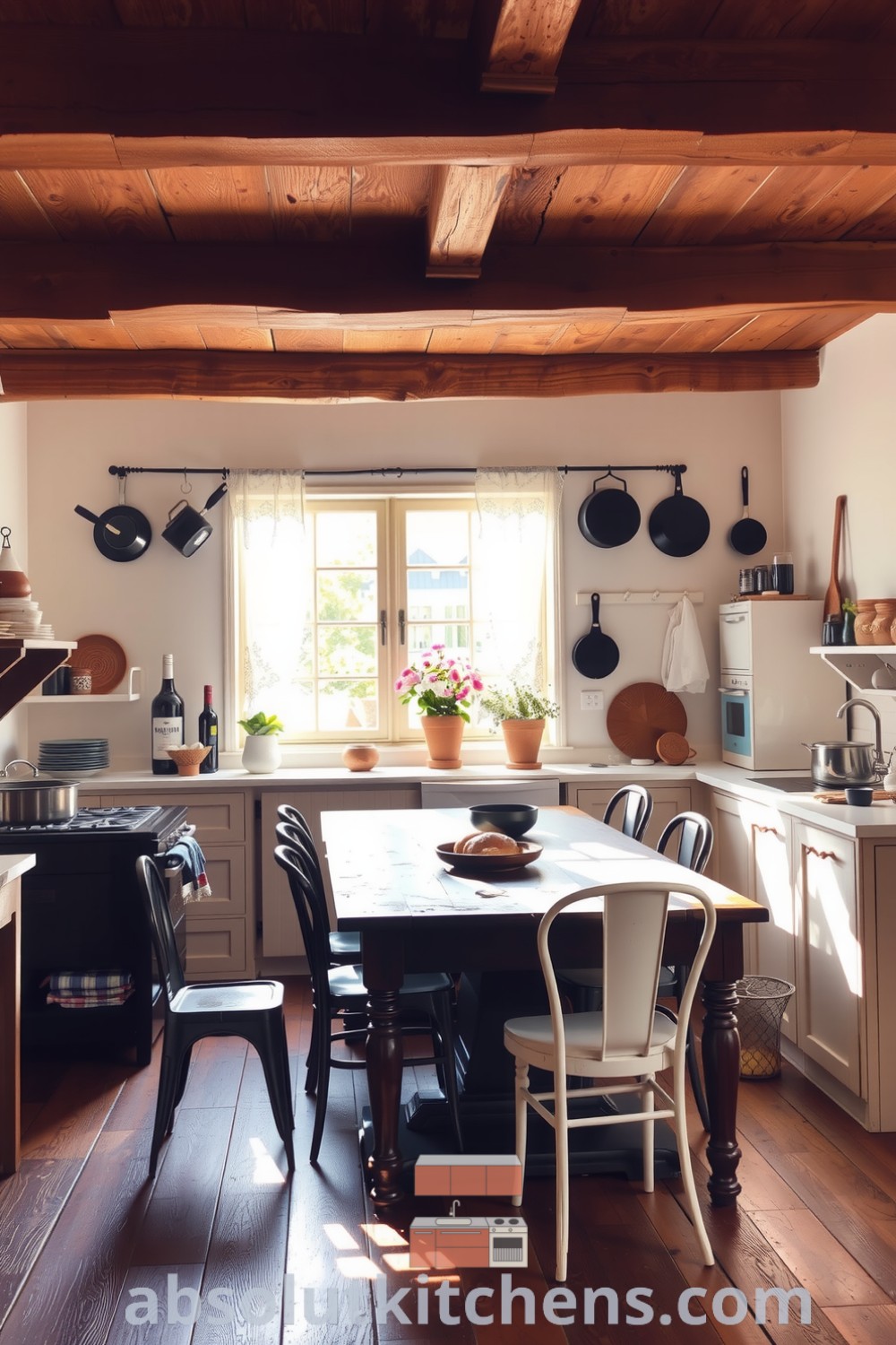 Cozy French kitchen with cream walls, exposed wooden beams, a rustic harvest table, mismatched chairs, and pots hanging on hooks, creating an inviting atmosphere filled with the scents of herbs and baking bread. Visit absolutkitchens.com for unique ideas and design inspirations.
