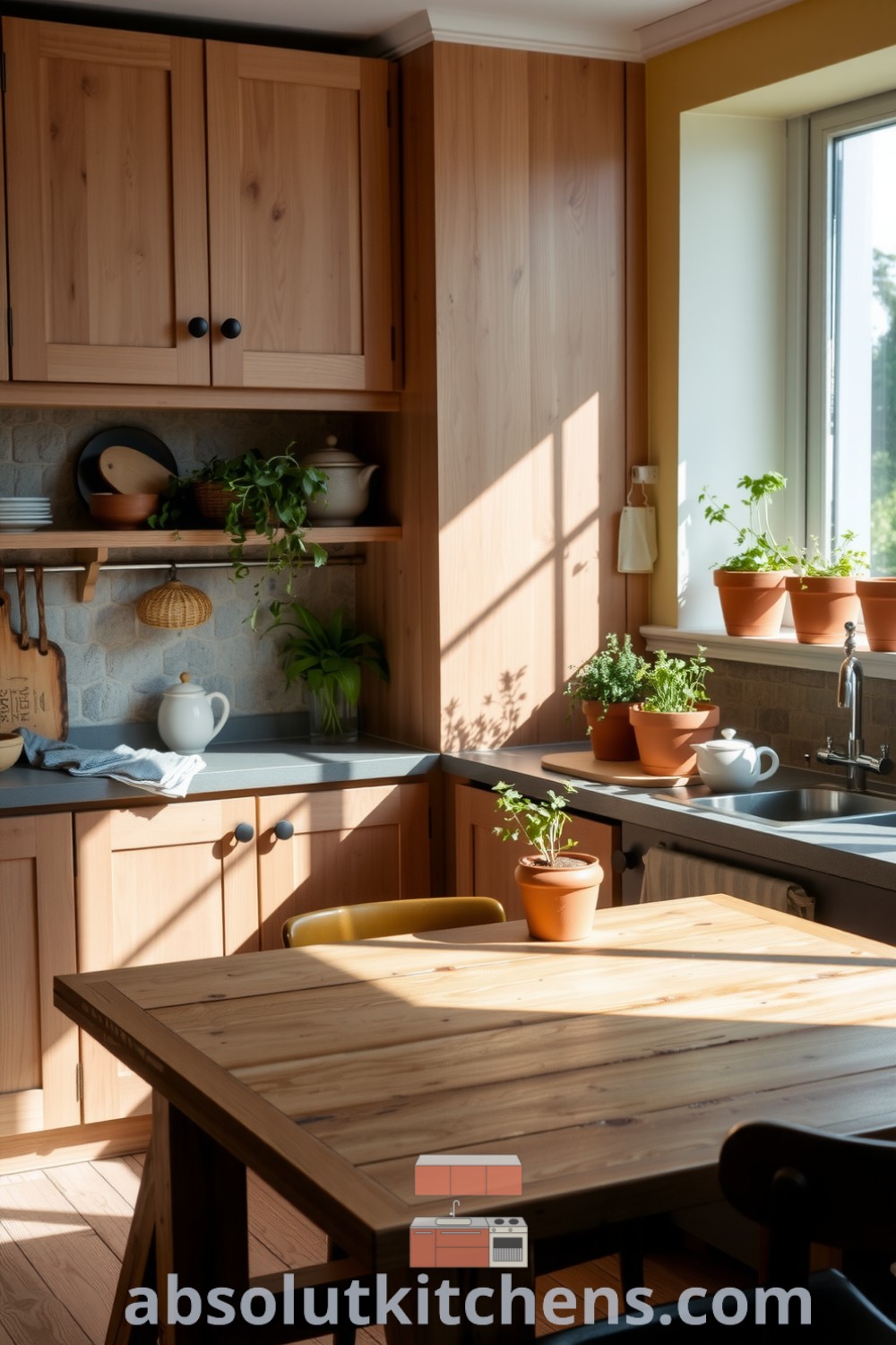 Scandinavian kitchen with light oak cabinetry, rustic stone backsplash, and soft yellow accents, featuring a large window, handmade ceramics, and terracotta herb pots, creating a warm and inviting atmosphere for your home. Visit fireplacesandwoodstoves.com for cozy design ideas and inspirations.