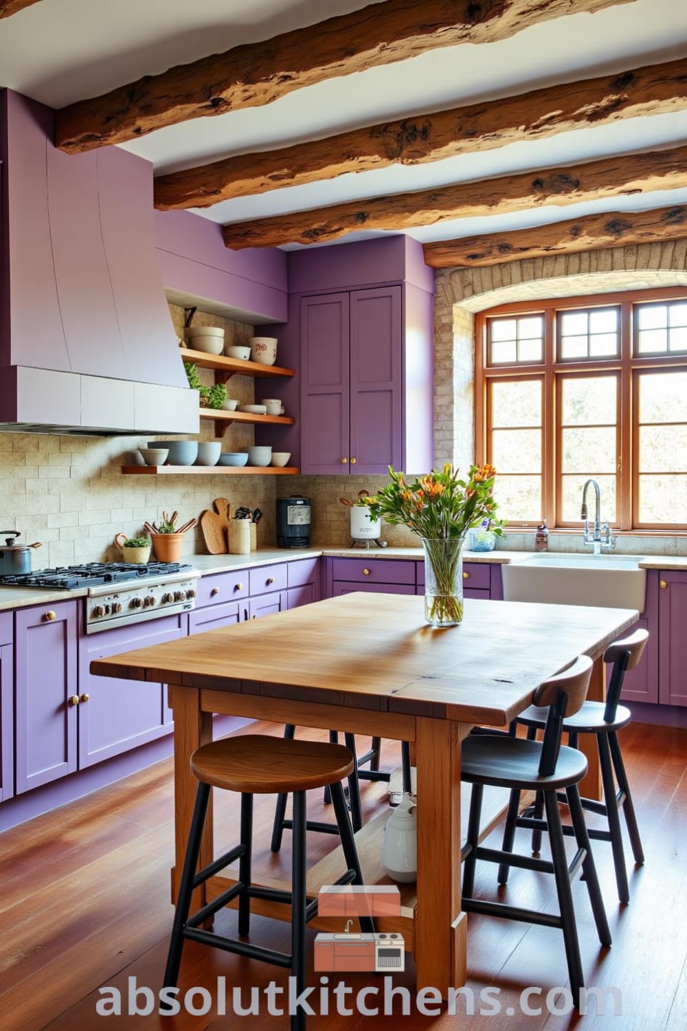 Rustic kitchen decorated in soft purple with distressed wood cabinets, mismatched ceramic bowls, and a large farmhouse sink under a sunlit window, creating a cozy atmosphere perfect for home gatherings. Visit fireplacesandwoodstoves.com for more cozy ideas and decor inspirations.