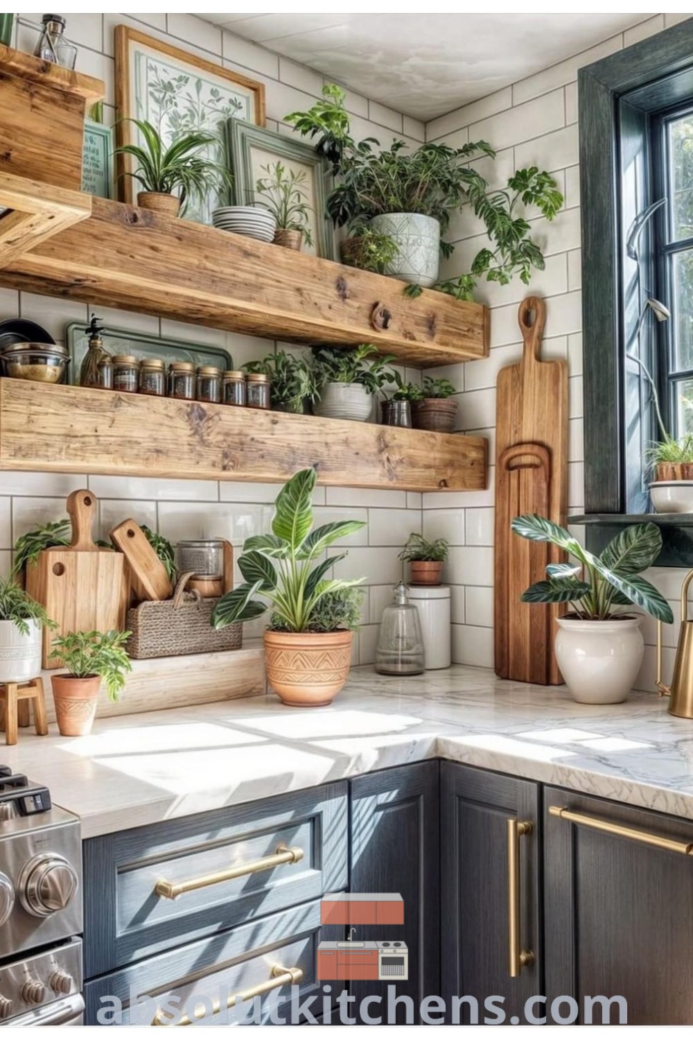 A charming kitchen filled with potted plants on wooden shelves above a stove, showcasing a Tiny Country Kitchen design with earthy house decor and modern farmhouse trends. This decor offers practical and inspiring ideas for small spaces. Discover more at absolutkitchens.com.