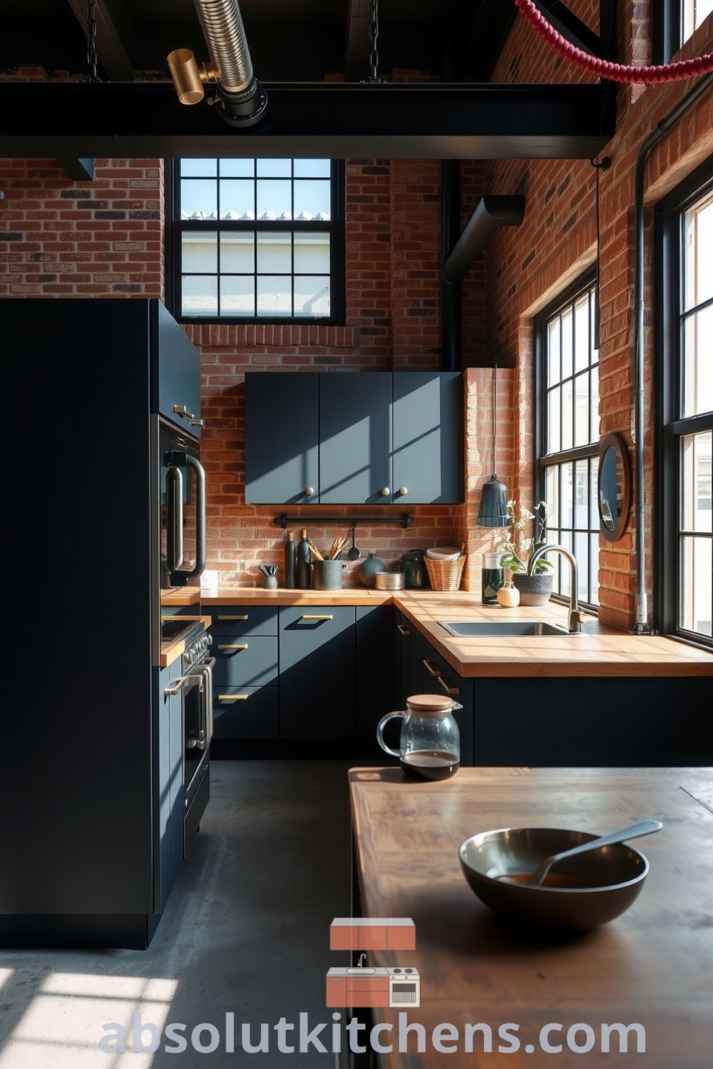 Cozy loft kitchen featuring black matte cabinetry, exposed brick walls, polished concrete floor, and vintage metal accents, creating a warm and welcoming atmosphere, ideal for inspiring home designs and decor ideas at fireplacesandwoodstoves.com.