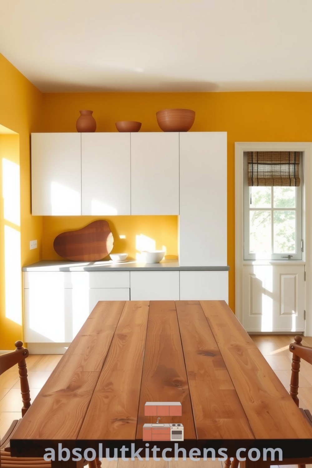 Warm minimalist kitchen with sleek white cabinetry, rustic wooden accents, concrete countertops, and ceramic bowls, illuminated by natural light from a large window, creating a cozy atmosphere perfect for morning coffee and casual meals. Explore cozy ideas and decor inspirations on fireplacesandwoodstoves.com.