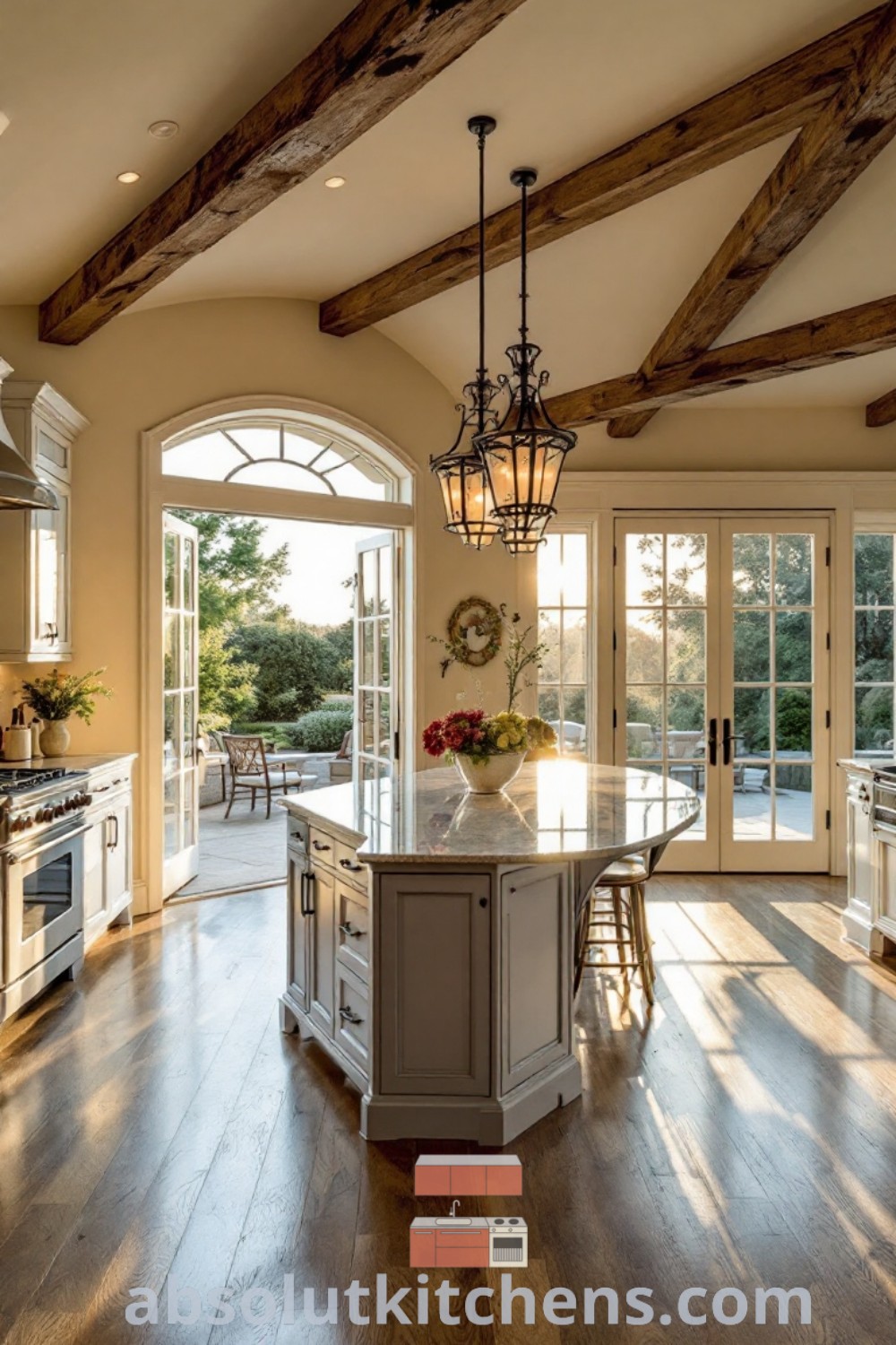 A large European kitchen with an island at the center, vintage chandeliers, and french doors leading to another room, showcasing inspiring design ideas and cozy aesthetics. This kitchen design offers timeless decor ideas for houses or apartments, perfect for creating a dream kitchen atmosphere. Visit absolutkitchens.com for more kitchen inspirations.