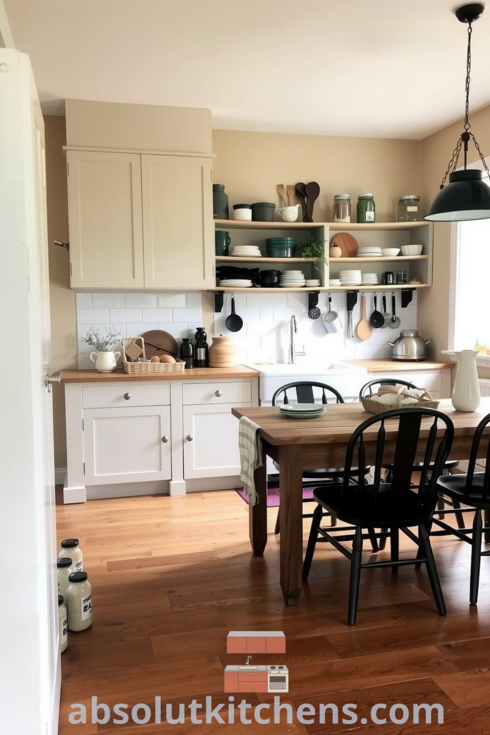 Cozy farmhouse kitchen featuring sun-kissed walls, a sturdy oak table with mismatched chairs, open shelves with rustic jars, and a large apron-front sink, creating an inviting atmosphere perfect for shared meals and comfort. Visit absolutkitchens.com for more Cozy Decor ideas.