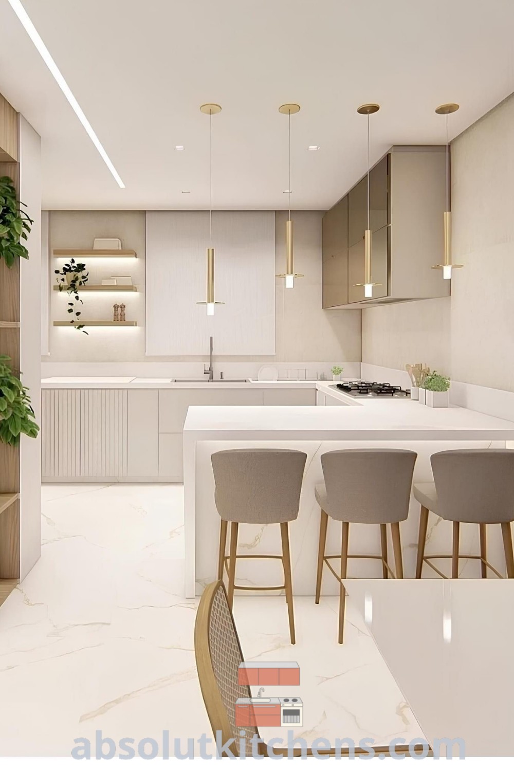 A clean and inviting modern kitchen featuring sleek cabinets and stylish bar stools, designed for both cooking and dining. This kitchen interior design incorporates decor ideas that inspire functionality and aesthetics, making it an excellent choice for a cozy home. Discover more on wellnesswink.com.