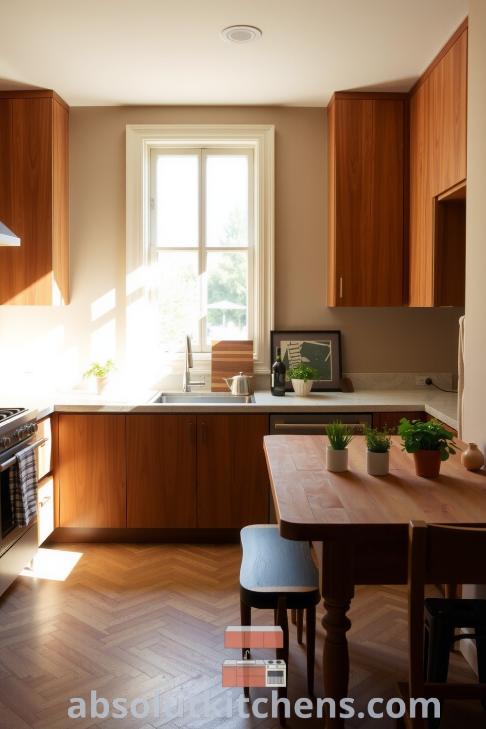 Minimalist kitchen design featuring warm brown cabinetry, natural stone countertops, and a wooden table surrounded by potted herbs, creating a cozy home atmosphere. Discover unique design ideas and inspirations for your home at fireplacesandwoodstoves.com.