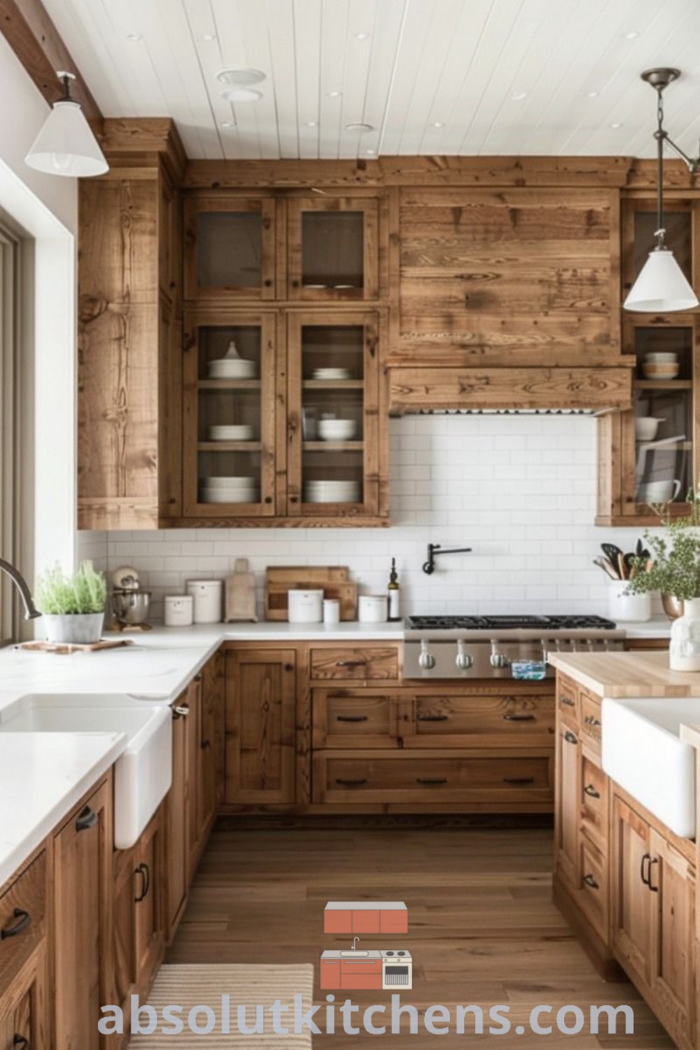 A large kitchen with wooden cabinets and white countertops, showcasing rustic wooden kitchen cabinet ideas and a cozy aesthetic. This timber farmhouse kitchen is perfect for inspiring design trends and decorating ideas for modern homes. Explore more decor ideas at absolutkitchens.com.