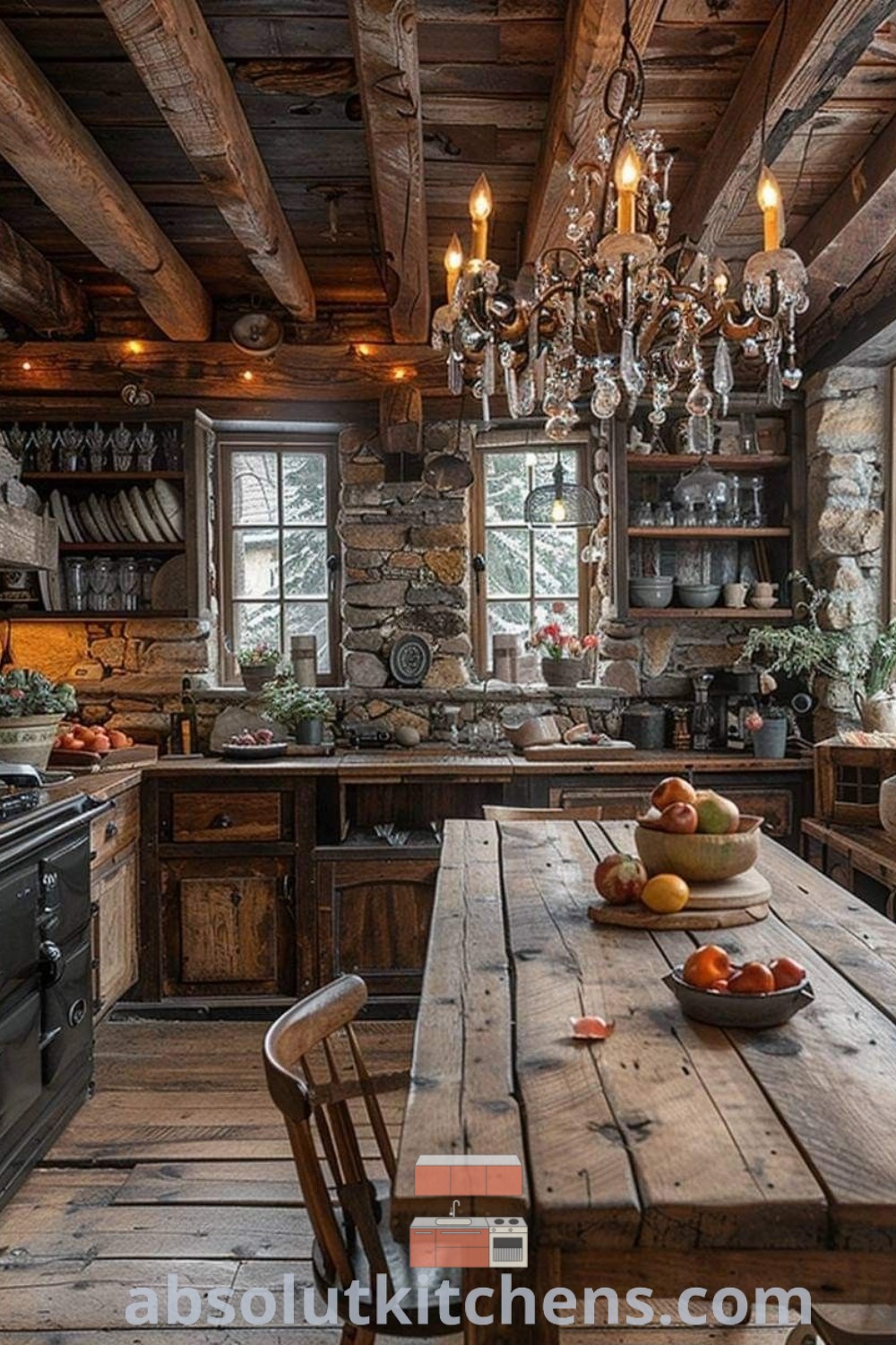 A rustic kitchen featuring wooden floors and walls, showcasing kitchen green accents and cozy aesthetic elements. This inspiring space offers practical design tips for cabin kitchens and tiny house designs while presenting unique decor ideas for small spaces. Visit absolutkitchens.com for more rustic kitchen inspiration.
