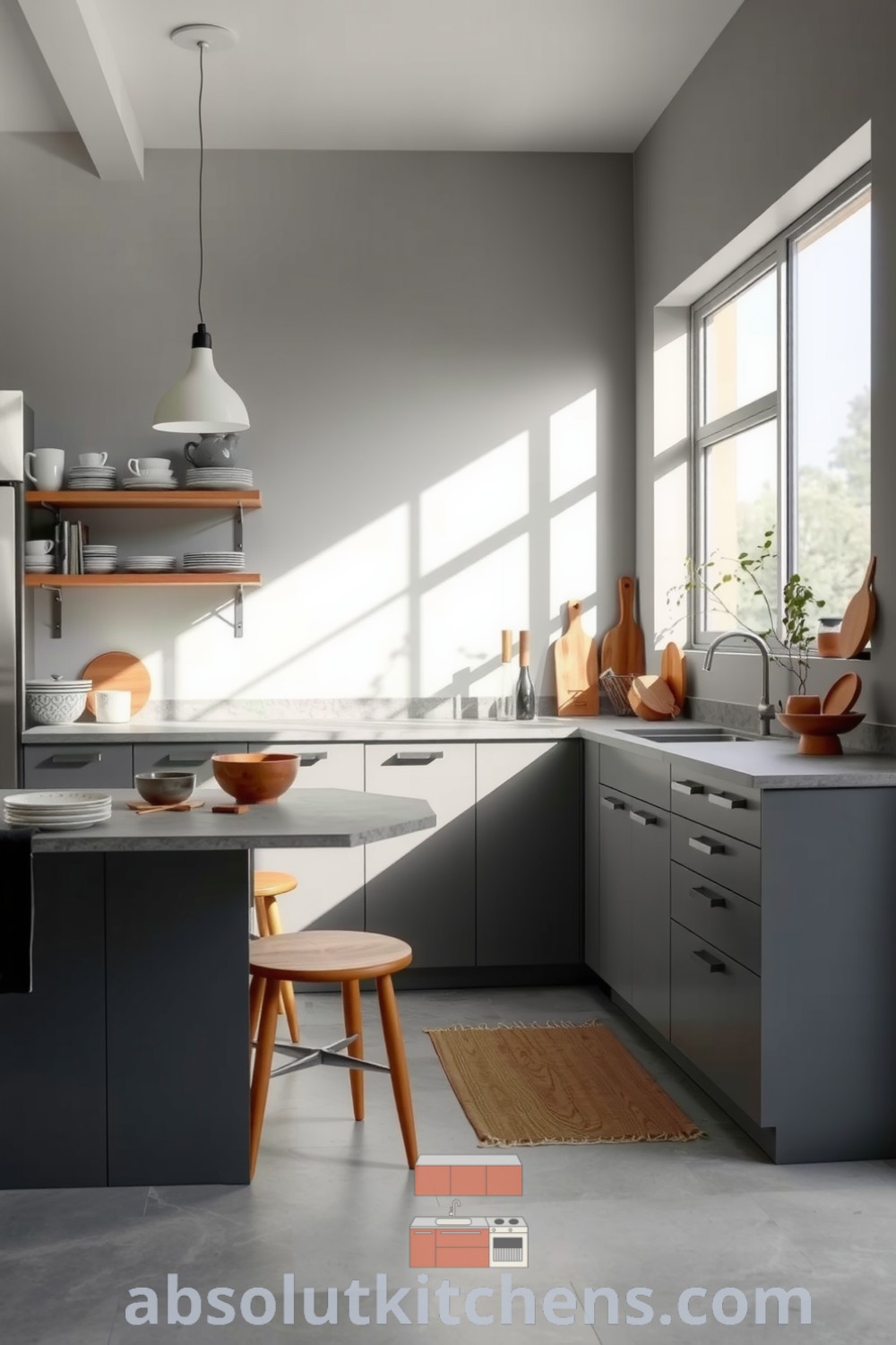 Minimalist grey kitchen featuring sleek cabinetry, cool stone countertops, warm wooden accents, and ceramic dishware on open shelves, illuminated by natural light, creating a cozy home atmosphere, ideal for culinary inspiration on fireplacesandwoodstoves.com.