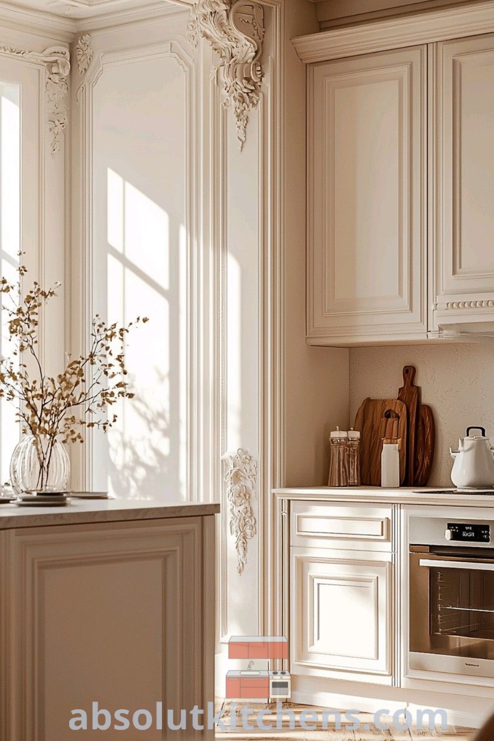 A beautifully designed French interior kitchen with clean lines and elegant cabinets, showcasing design trends that blend functionality with a cozy aesthetic. This kitchen is ready for use and offers inspiring decor ideas for house interiors or apartments. Explore more designs at absolutkitchens.com.