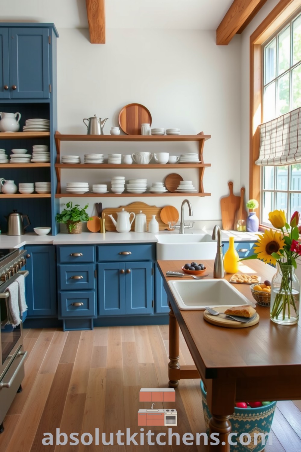 Cozy modern farmhouse kitchen with blue cabinetry, natural wood accents, soft grey stone countertops, open shelving filled with mismatched dishware, and a vintage farmhouse sink, offering design ideas and inspirations for a cozy home atmosphere. Visit absolutkitchens.com for more decor ideas.
