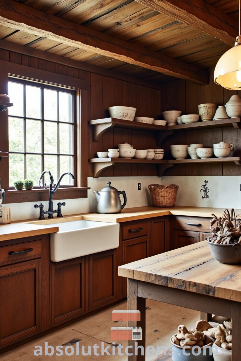 Rustic kitchen design featuring reclaimed wood, sturdy beams, farmhouse sink, and open shelves displaying handcrafted ceramic dishes, illustrating cozy ideas for your home and inviting decor inspirations at fireplacesandwoodstoves.com.