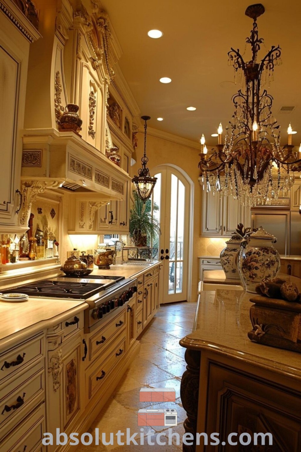 An elegant kitchen with a chandelier and marble countertops, showcasing Victorian style homes interior and old-world aesthetic. Discover inspiring design trends and decorating ideas for your home at absolutkitchens.com.