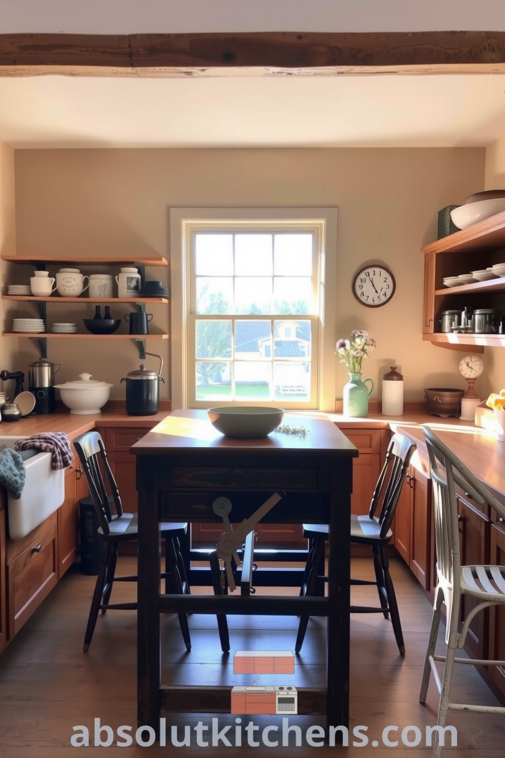Cozy farmhouse kitchen featuring sunlight streaming through a window, wooden countertops, mismatched chairs, rustic ceramic bowls, and a farmhouse sink, all creating a warm and inviting atmosphere, perfect for family gatherings and cozy aesthetics. Visit absolutkitchens.com for design ideas and inspirations.