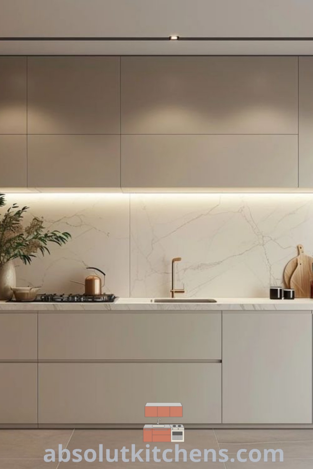 A modern kitchen interior with white cabinets, marble countertops, and potted plants, showcasing a U-shaped layout perfect for inspiring decor ideas. This design reflects contemporary aesthetics and unique kitchen inspiration for your home. Discover more design ideas at wellnesswink.com.