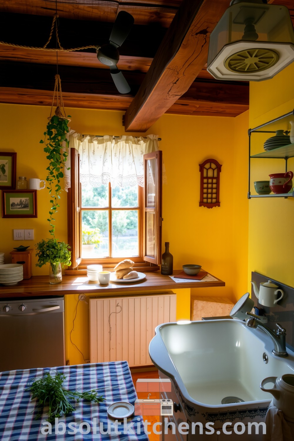 Cozy yellow kitchen design with rustic wooden beams, sunlit walls, mismatched ceramic dishes, and a deep sink overlooking a vibrant garden, creating a warm and inviting atmosphere perfect for family gatherings. Visit absolutkitchens.com for decor ideas.