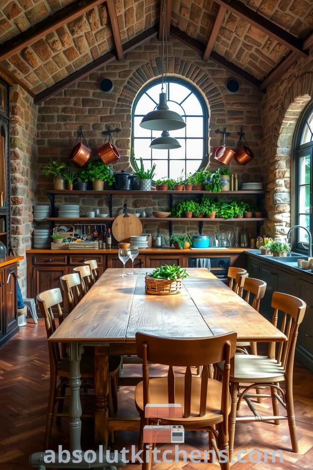Cozy French kitchen with richly textured stone walls, a rustic wooden table surrounded by mismatched chairs, copper pots hanging from wrought iron hooks, and shelves filled with fresh herbs, creating an inviting atmosphere for cooking and gathering, at absolutkitchens.com.