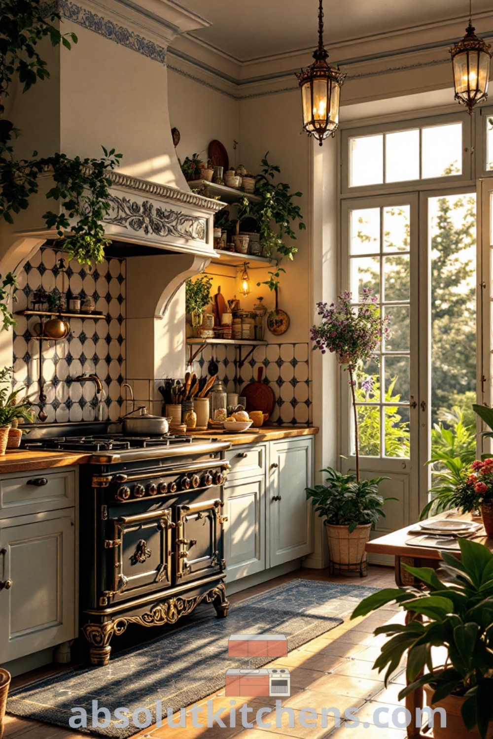 A vintage-inspired Victorian kitchen with potted plants on the window sill and eclectic pots on the stove, illustrating cozy aesthetics and functional design. Discover inspiring kitchen ideas and decor trends for house or apartment at absolutkitchens.com.