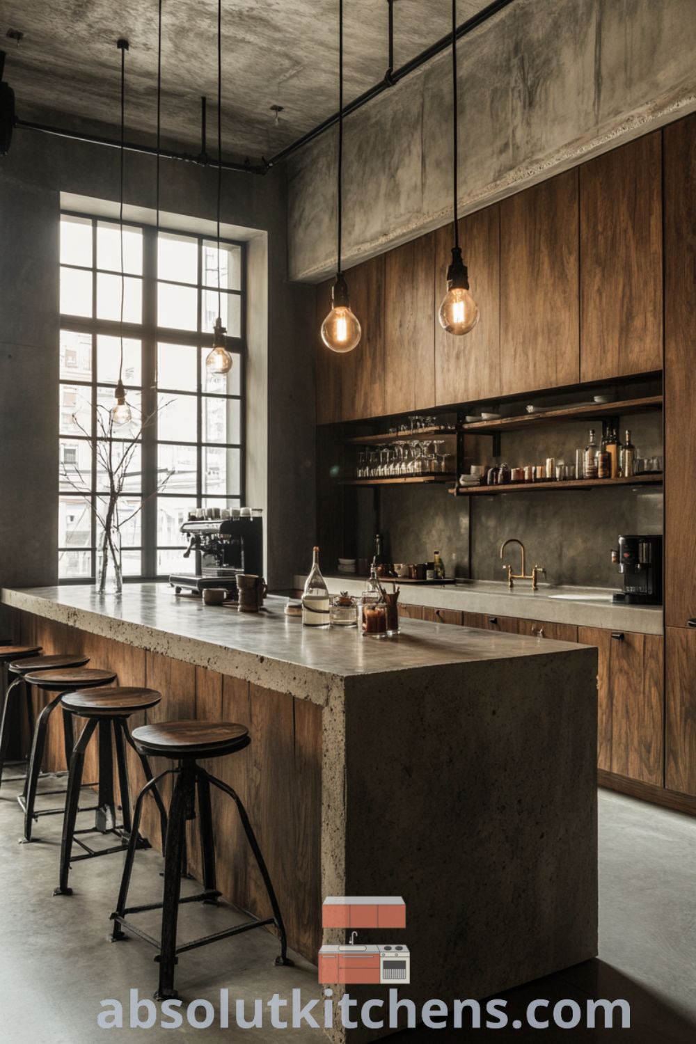 Urban loft kitchen design on absolutkitchens.com featuring raw concrete walls, wooden cabinetry, and industrial loft lighting, perfect for kitchen loft design and warehouse living.