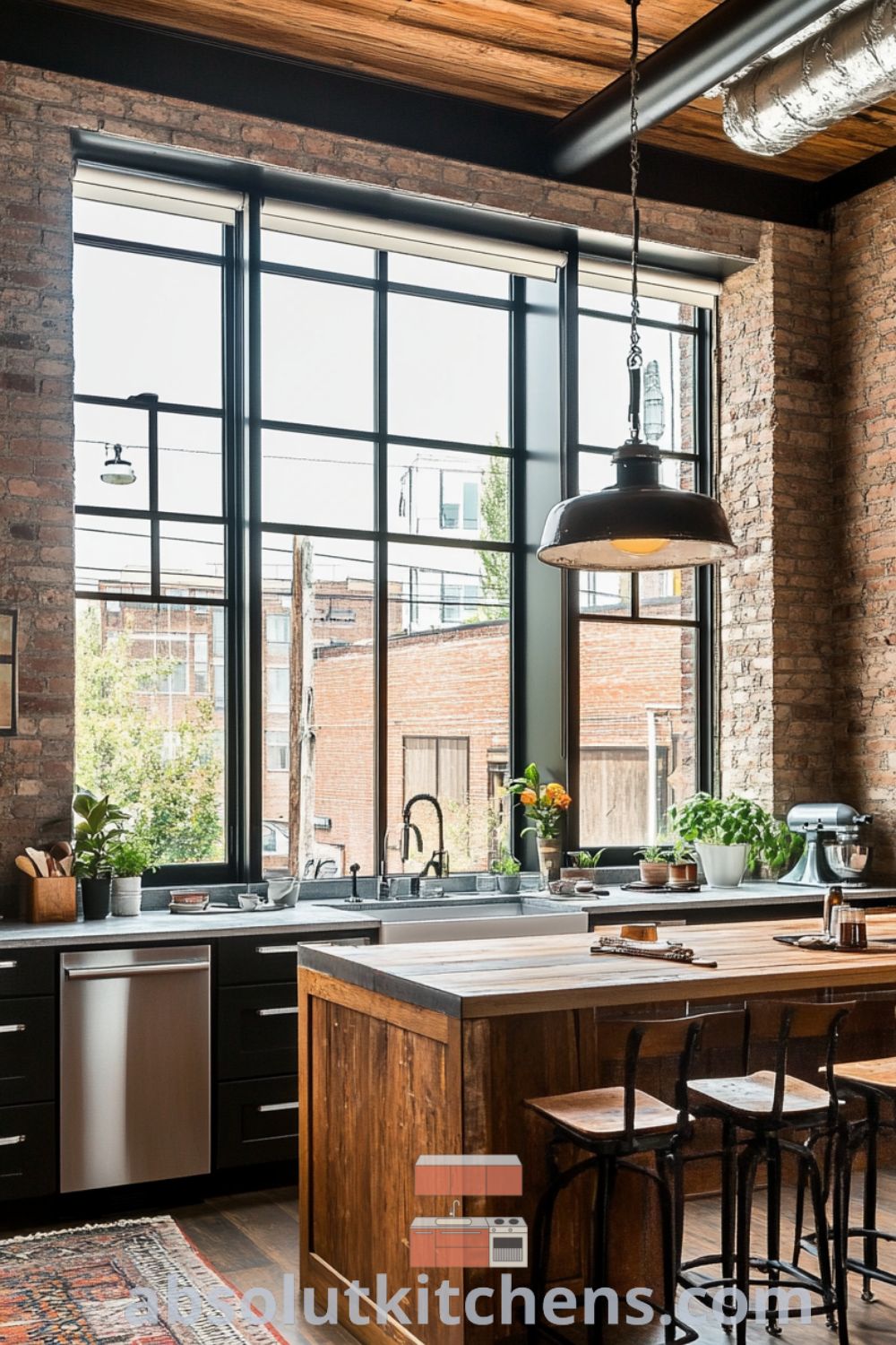 Stylish urban loft kitchen image on absolutkitchens.com featuring reclaimed wood island, natural light, and cozy aesthetic, showcasing loft kitchen design and decor ideas for small spaces.