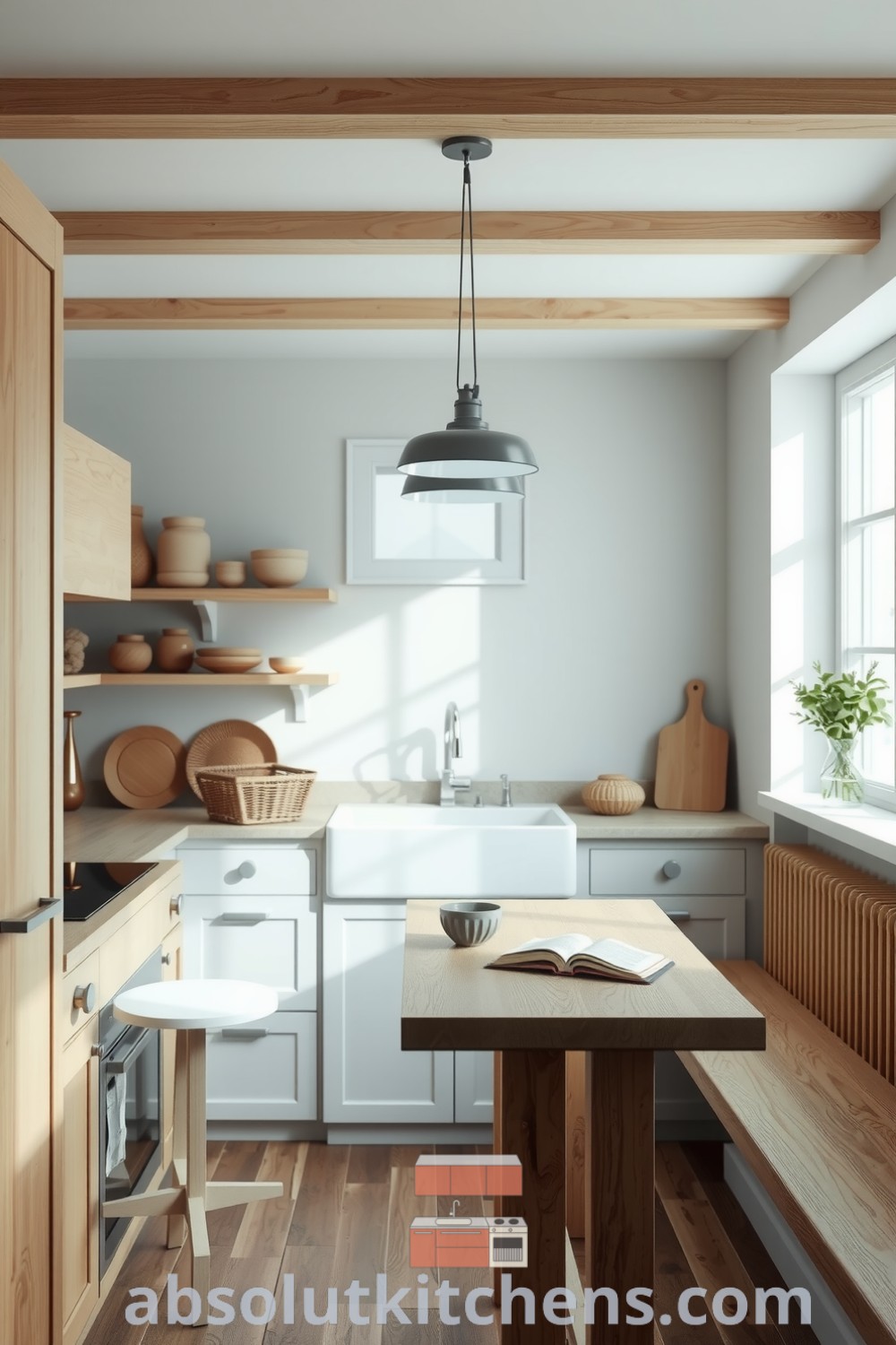 Brown-toned Scandinavian kitchen with large windows, natural wood and stone textures, a sturdy oak table, and shelves of woven baskets and handmade pottery, creating a cozy atmosphere with inspirations and ideas for your home from fireplacesandwoodstoves.com.