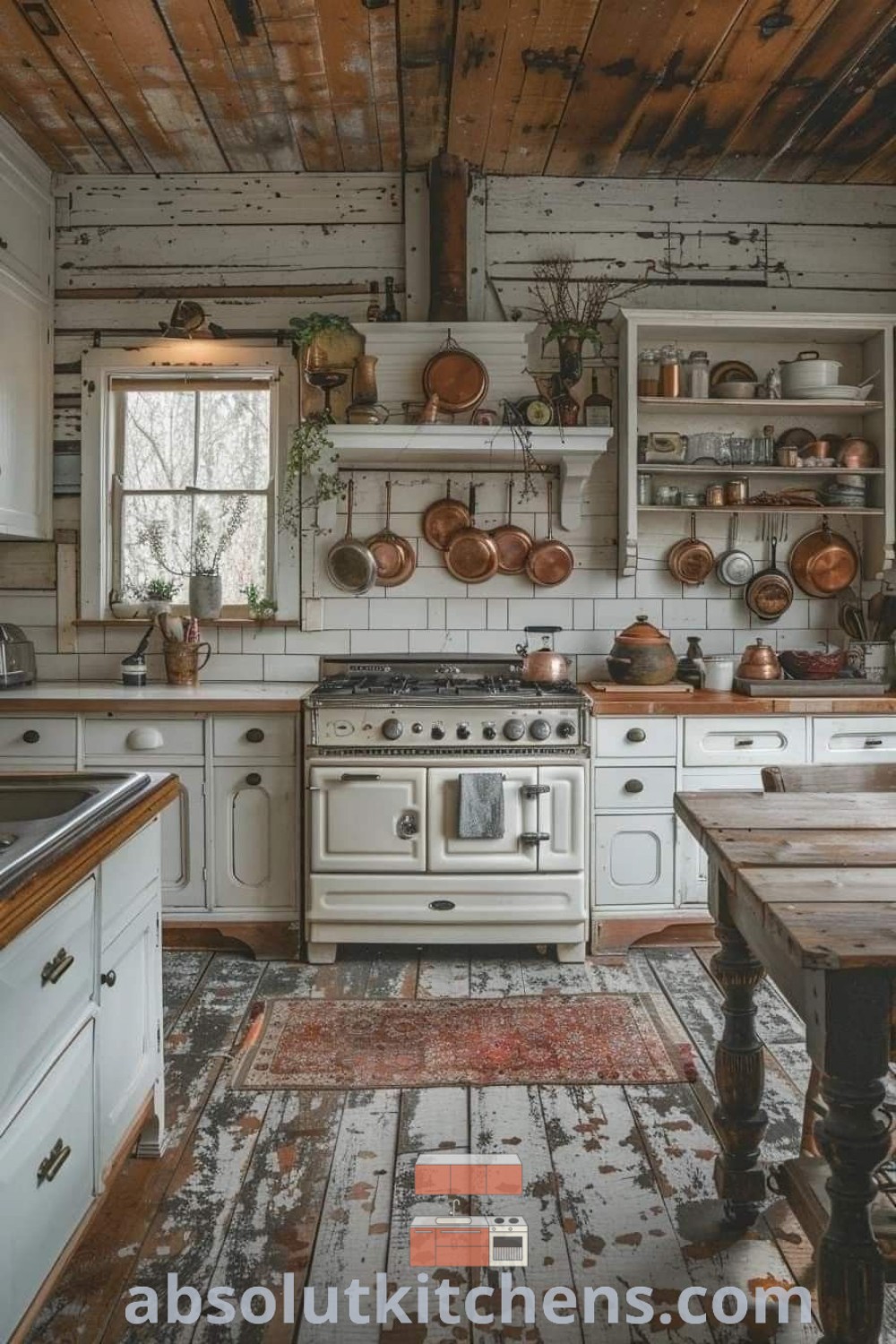 A rustic farmhouse kitchen with white cabinets, wood floors, and cozy decor, offering inspiring ideas for country primitive kitchens. This charming space combines functionality with a cozy aesthetic, featuring farmhouse kitchen design elements from absolutkitchens.com.