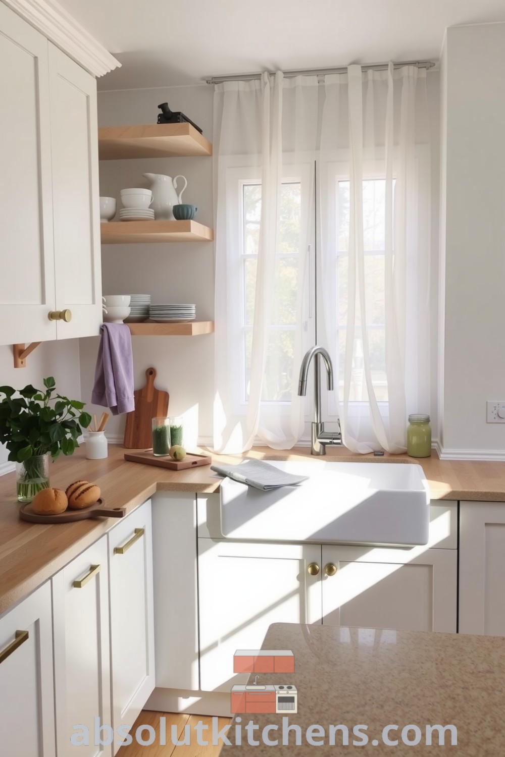 A bright Scandinavian kitchen with white cabinetry, oak wood accents, open shelves displaying ceramic dishes and greenery, a farmhouse sink under a wide window, and textured stone countertops creating a cozy atmosphere, featured on fireplacesandwoodstoves.com.