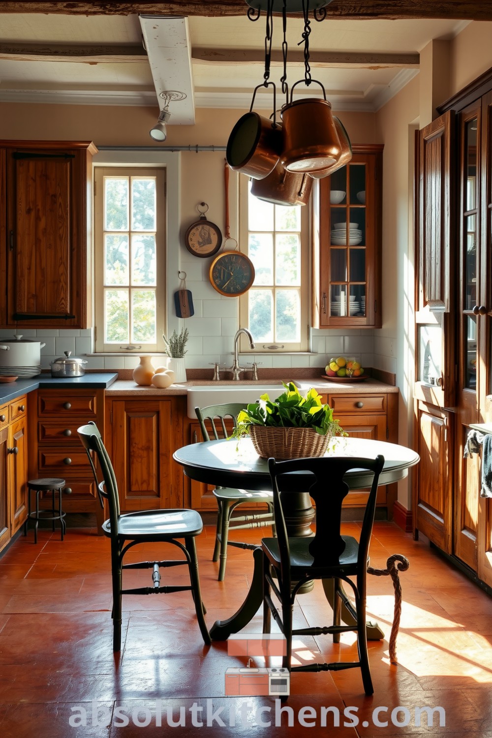 Cozy French kitchen with terracotta tiles, weathered wood cabinets, an antique round table, mismatched chairs, and copper pots, featuring fresh vegetables and herbs for a warm and inviting atmosphere, inspired by designs for small spaces at absolutkitchens.com.