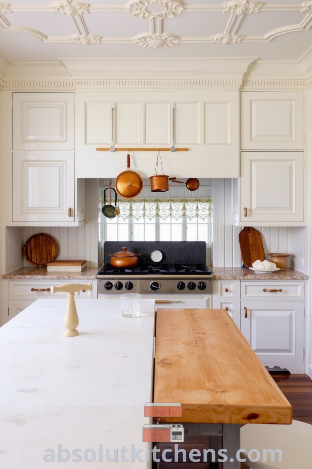Cozy Victorian kitchen featuring soft white paint, intricate plaster details, warm wooden accents, a farmhouse table, copper pots hanging above a cast-iron stove, and lace-trimmed curtains, creating a charming and inviting atmosphere. Visit absolutkitchens.com for inspiring decor ideas and design tips for your home.