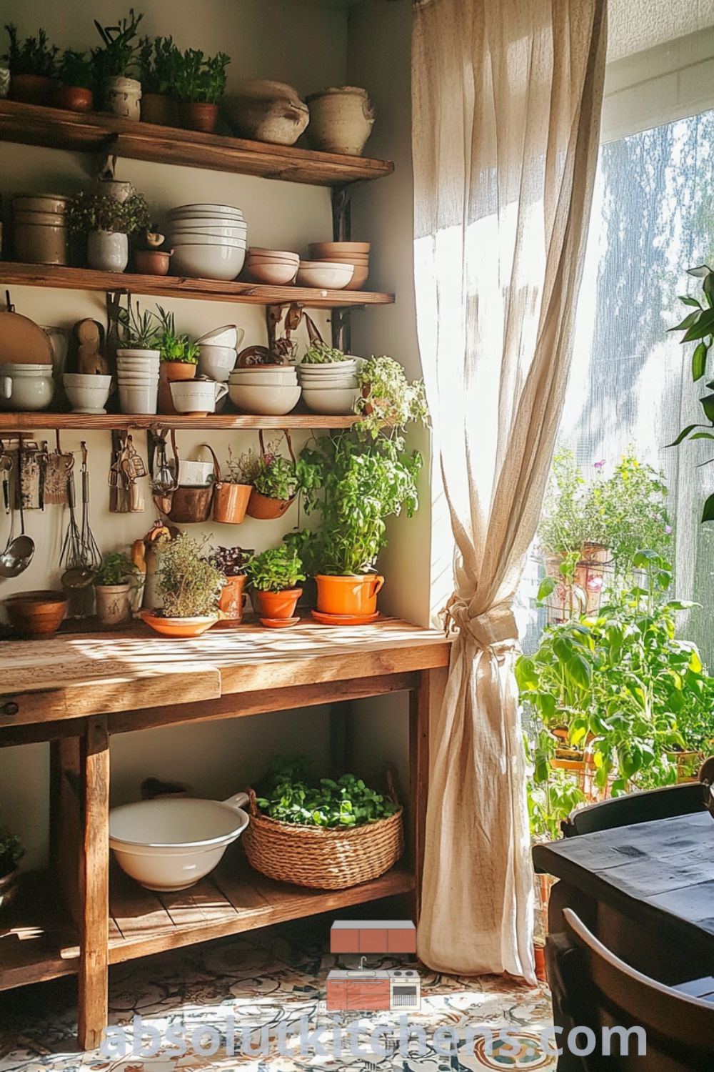 Bohemian Kitchen setting featured on absolutkitchens.com with cozy elements, vibrant textiles, eclectic dishware, and inviting decor ideas for small spaces.