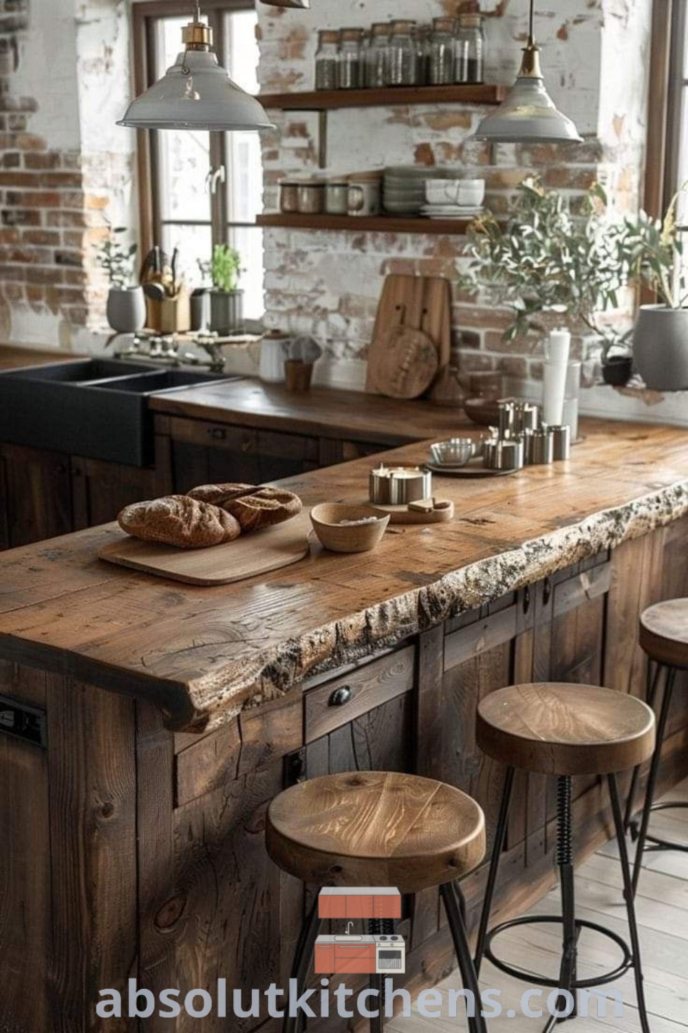 A cozy kitchen designed with wooden counter tops and stools, showcasing a warm and inviting aesthetic. This design offers functional benefits while highlighting decor ideas for small spaces. Discover more kitchen inspirations at absolutkitchens.com.