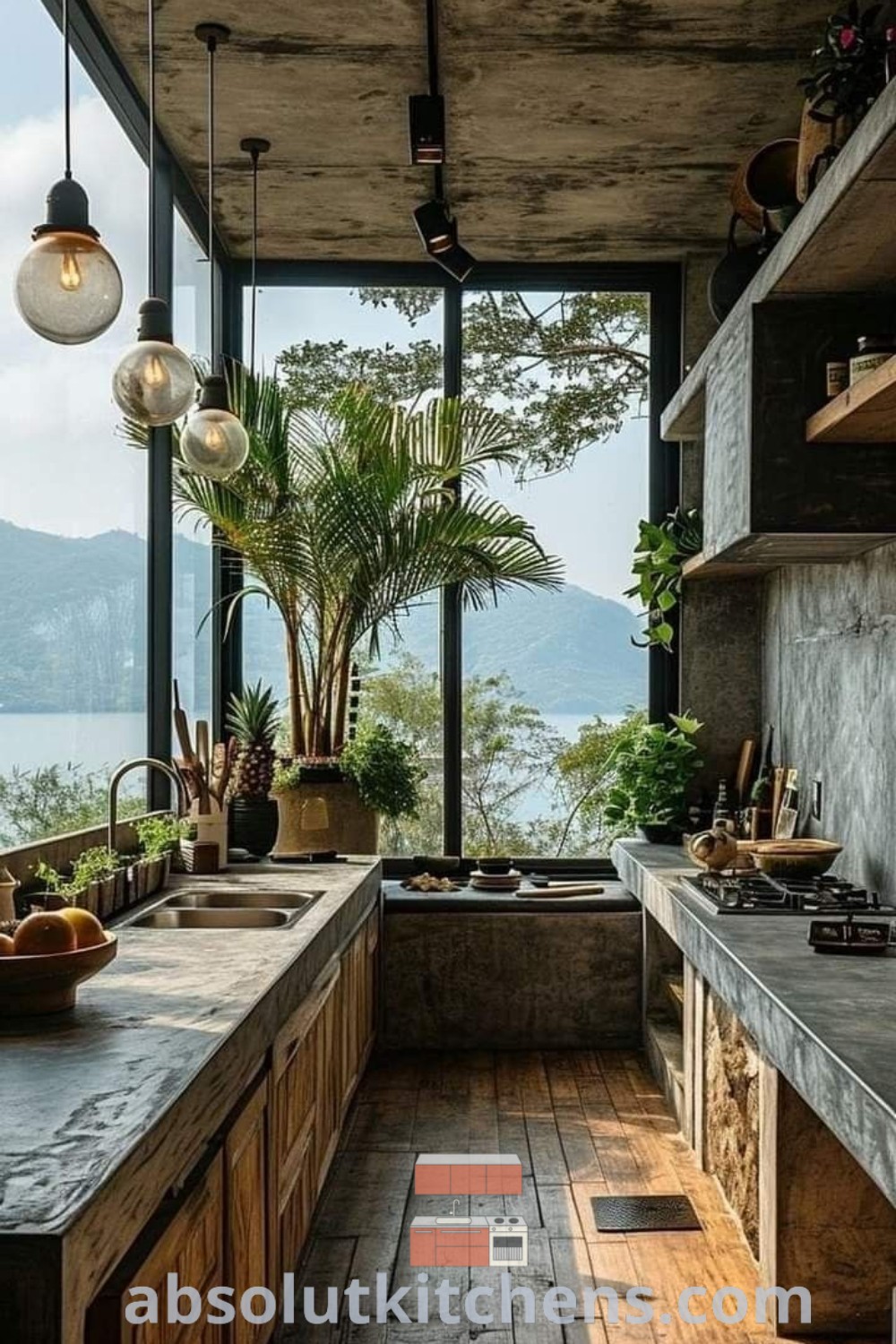 A rustic kitchen design showcasing wooden floors and expansive windows with water views, blending mid-century modern style and cozy aesthetic. This inspiring kitchen offers decor ideas for small spaces, inviting warmth and functional beauty into your home. For more design tips, visit absolutkitchens.com.