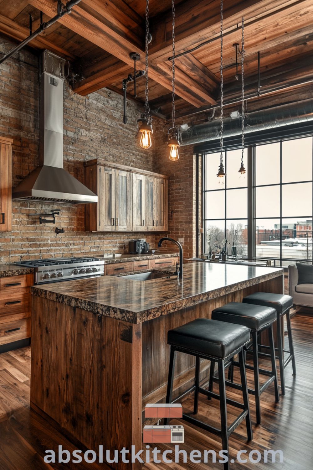 Urban loft kitchen with exposed brick and rustic cabinetry on absolutkitchens.com, featuring cozy aesthetic, loft kitchen ideas, and warm design tips.