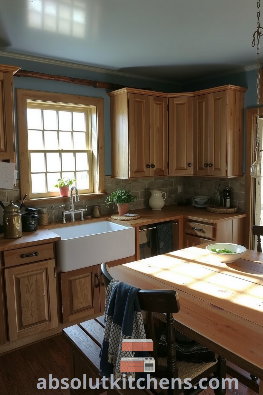Cozy rustic kitchen with blue hues, weathered wooden cabinets, and a farmhouse sink under a sunlit window, featuring natural textures and inviting decor ideas from absolutkitchens.com.