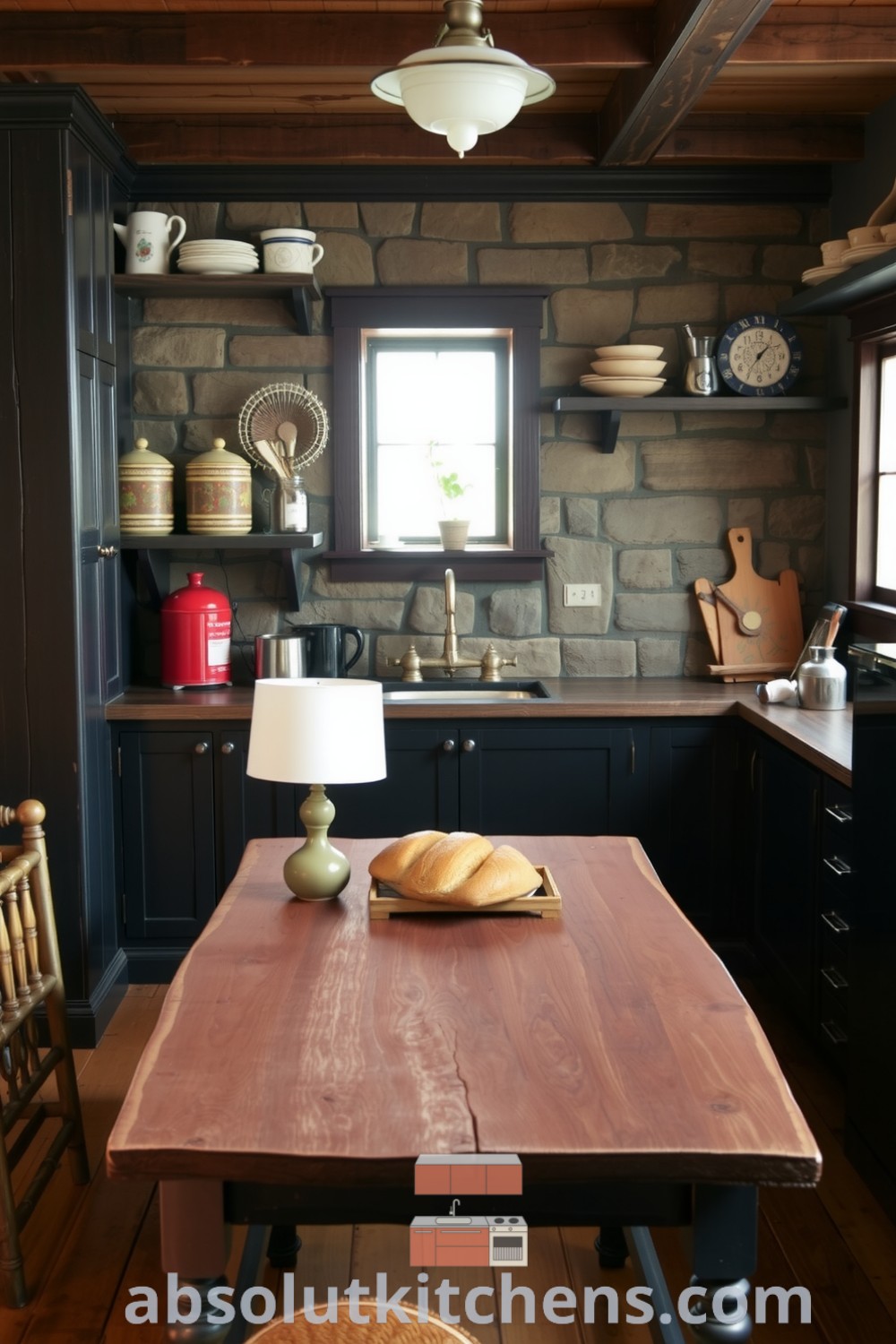 Cozy rustic kitchen with rich black wooden cabinetry, stone backsplash, reclaimed wood countertops, and ceramic pots showcasing a warm, inviting atmosphere perfect for family gatherings. For more cozy ideas, visit absolutkitchens.com.