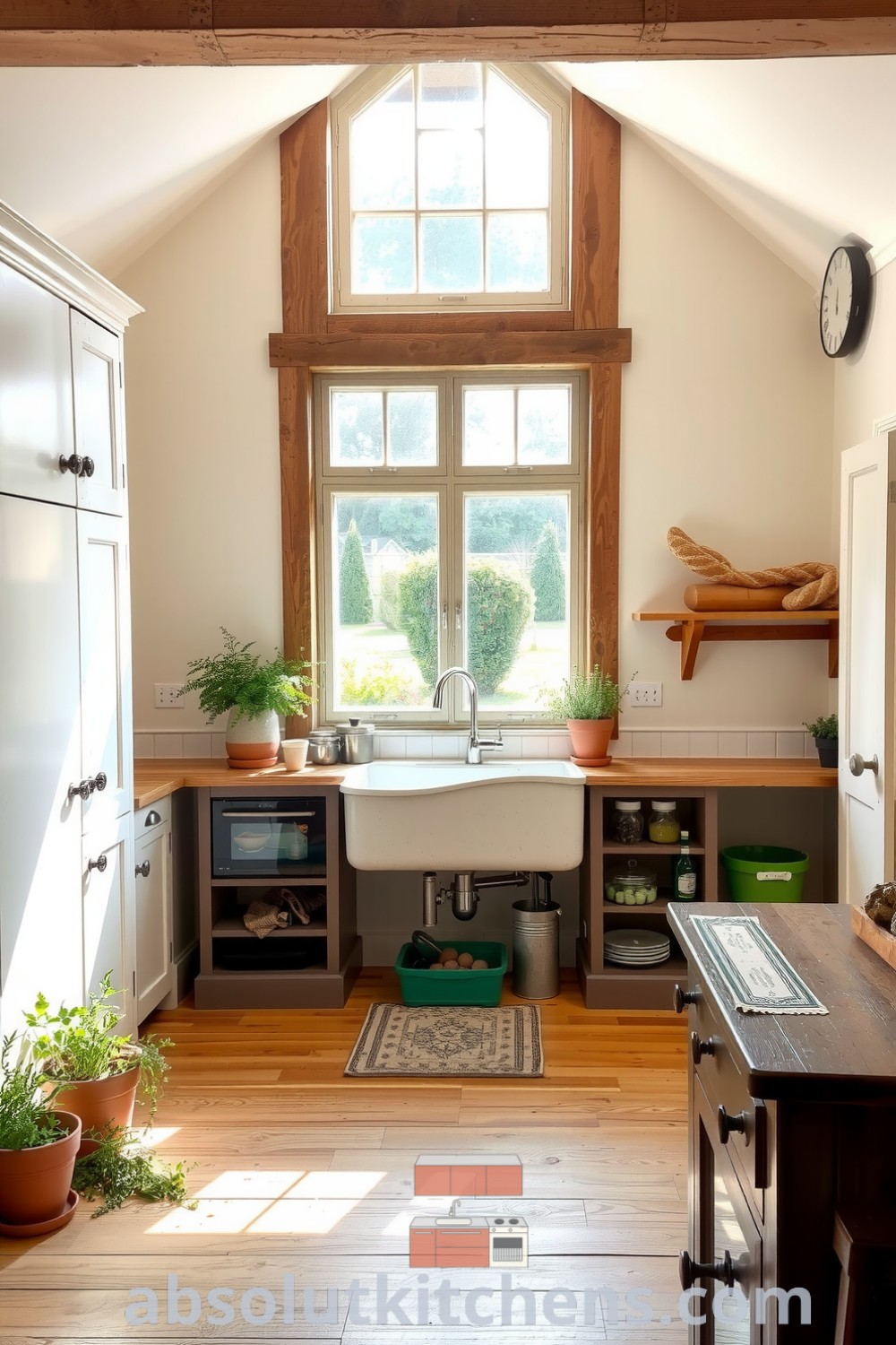 Cozy farmhouse kitchen with sunlight pouring in over distressed white cabinetry, warm wooden countertops, a vintage sink, and terracotta pots of herbs, creating an inviting atmosphere ideal for gathering and cooking. Visit absolutkitchens.com for more cozy decor ideas.