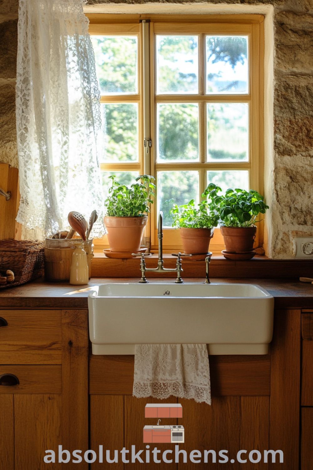 Cozy French kitchen with rustic oak cabinets, rough stone walls, vintage farmhouse sink beneath lace curtains, and fresh herbs on a wooden counter, creating a warm and inviting atmosphere. Visit absolutkitchens.com for inspiring decor ideas for your home.
