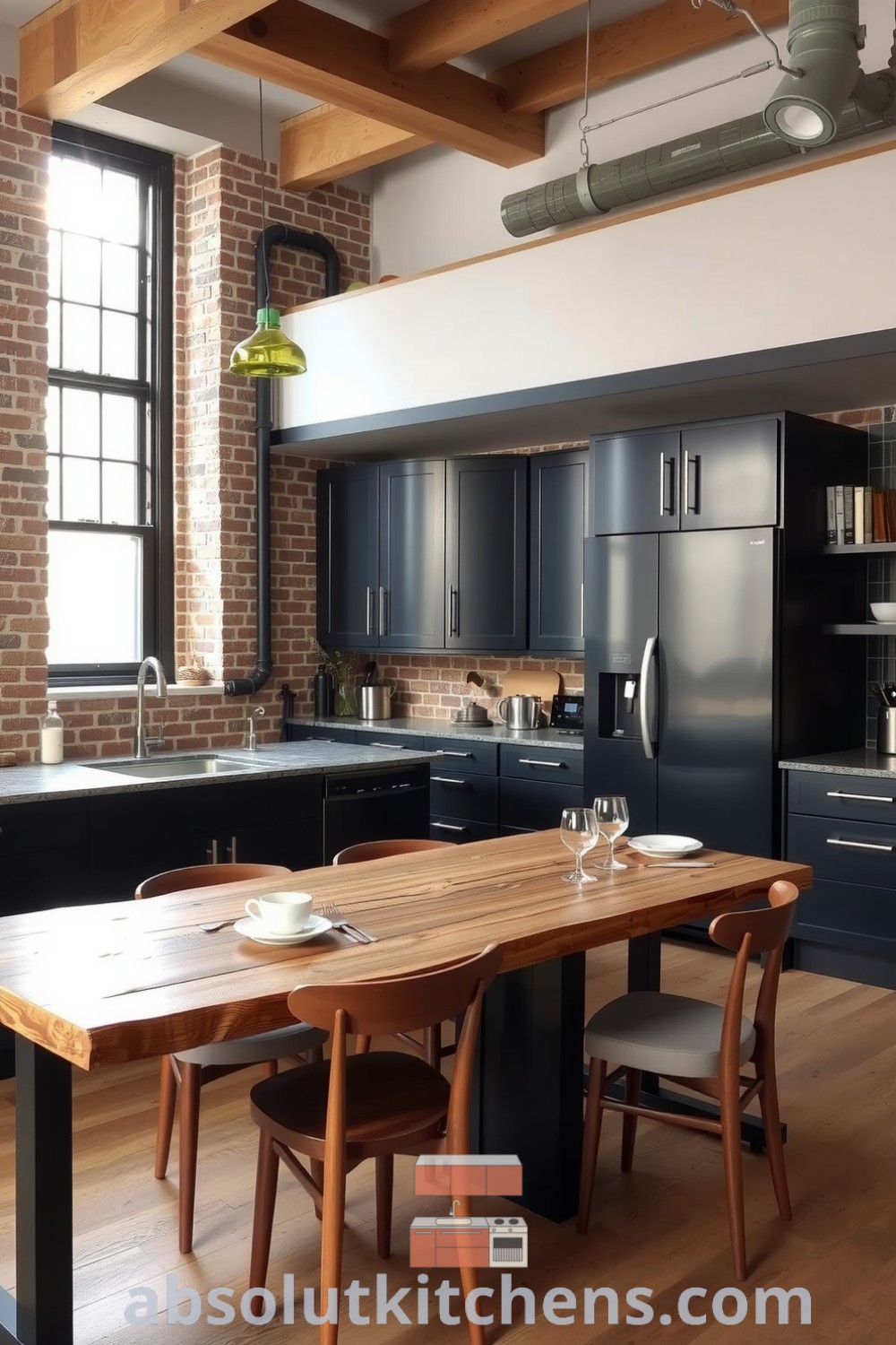 Stylish loft kitchen with black cabinetry, exposed brick walls, industrial window, and a reclaimed wood dining table surrounded by mismatched chairs, showcasing cozy ideas and design inspirations for your home at fireplacesandwoodstoves.com.