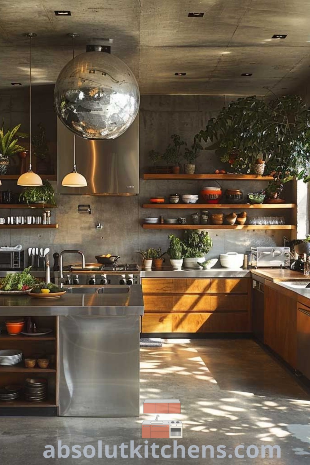 An inviting industrial kitchen filled with pots and pans next to a counter adorned with plants, showcasing modern decor ideas. This design blends functionality with a cozy home aesthetic, offering unique inspirations for an industrial kitchen at home. Discover more at wellnesswink.com.