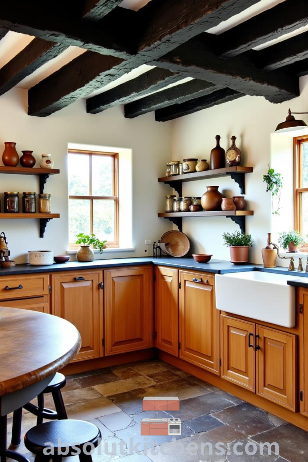 Rustic kitchen with black wooden beams, honey-toned cabinetry, farmhouse sink, and vintage brass fixtures, showcasing cozy decor ideas and inspiration for creating a warm, inviting home at fireplacesandwoodstoves.com.