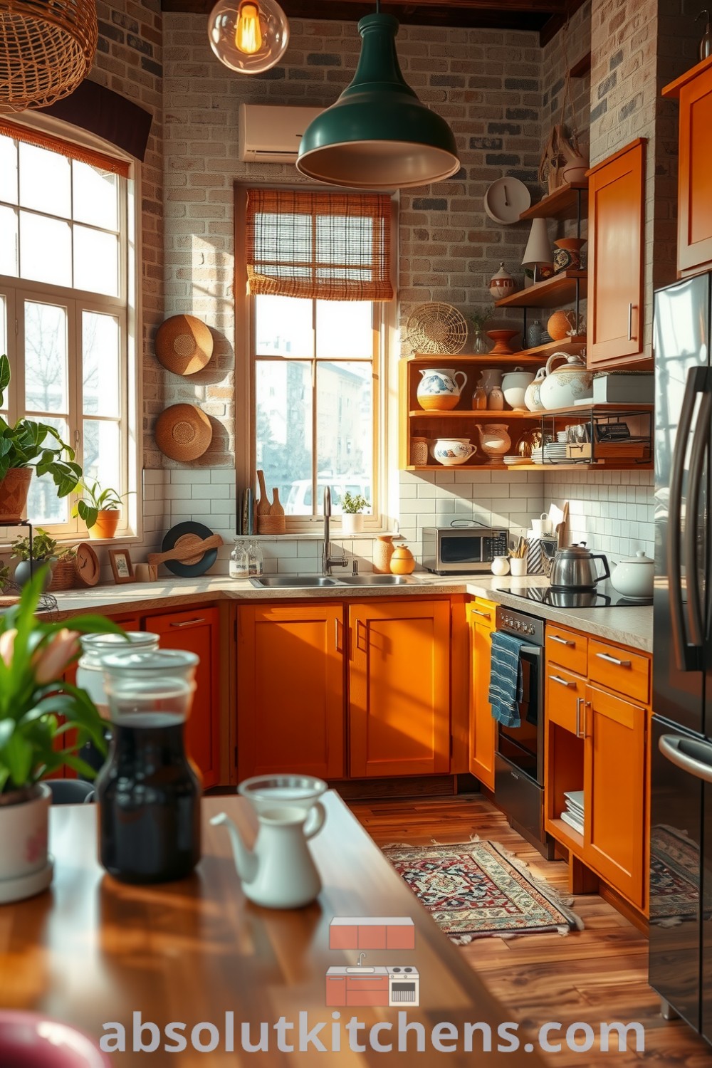 Cozy boho kitchen filled with earthy orange tones, rustic wooden cabinets, woven textures, decorative plants, and handcrafted ceramics on open shelves; an inviting gathering spot that embodies a warm and stylish home. Visit absolutkitchens.com for inspiring decor ideas.