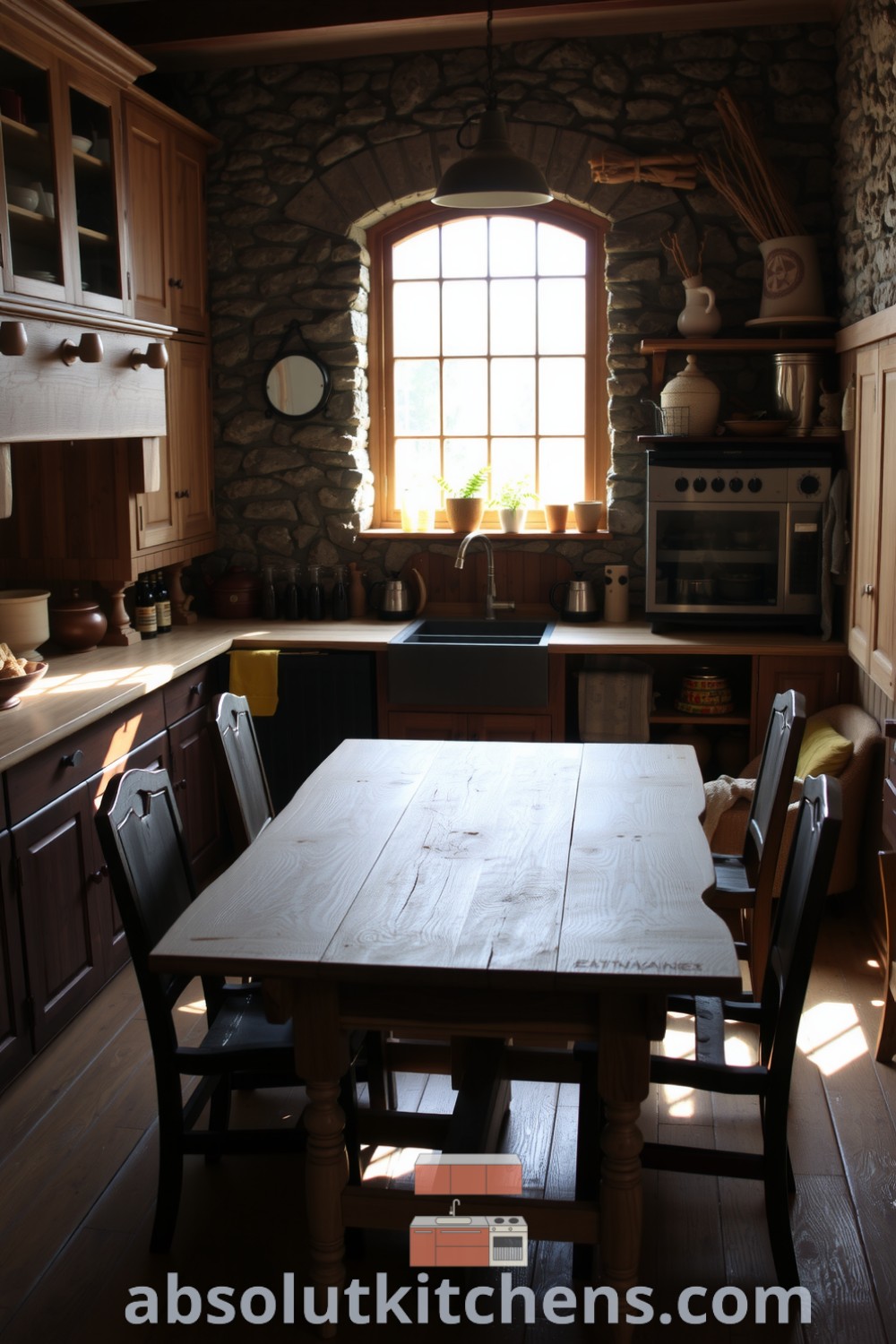 Cozy rustic kitchen with weathered oak cabinets, knotted wooden countertops, and a farmhouse table surrounded by mismatched chairs, exuding warmth and comfort, appealing to those seeking cozy home decor ideas on absolutkitchens.com.