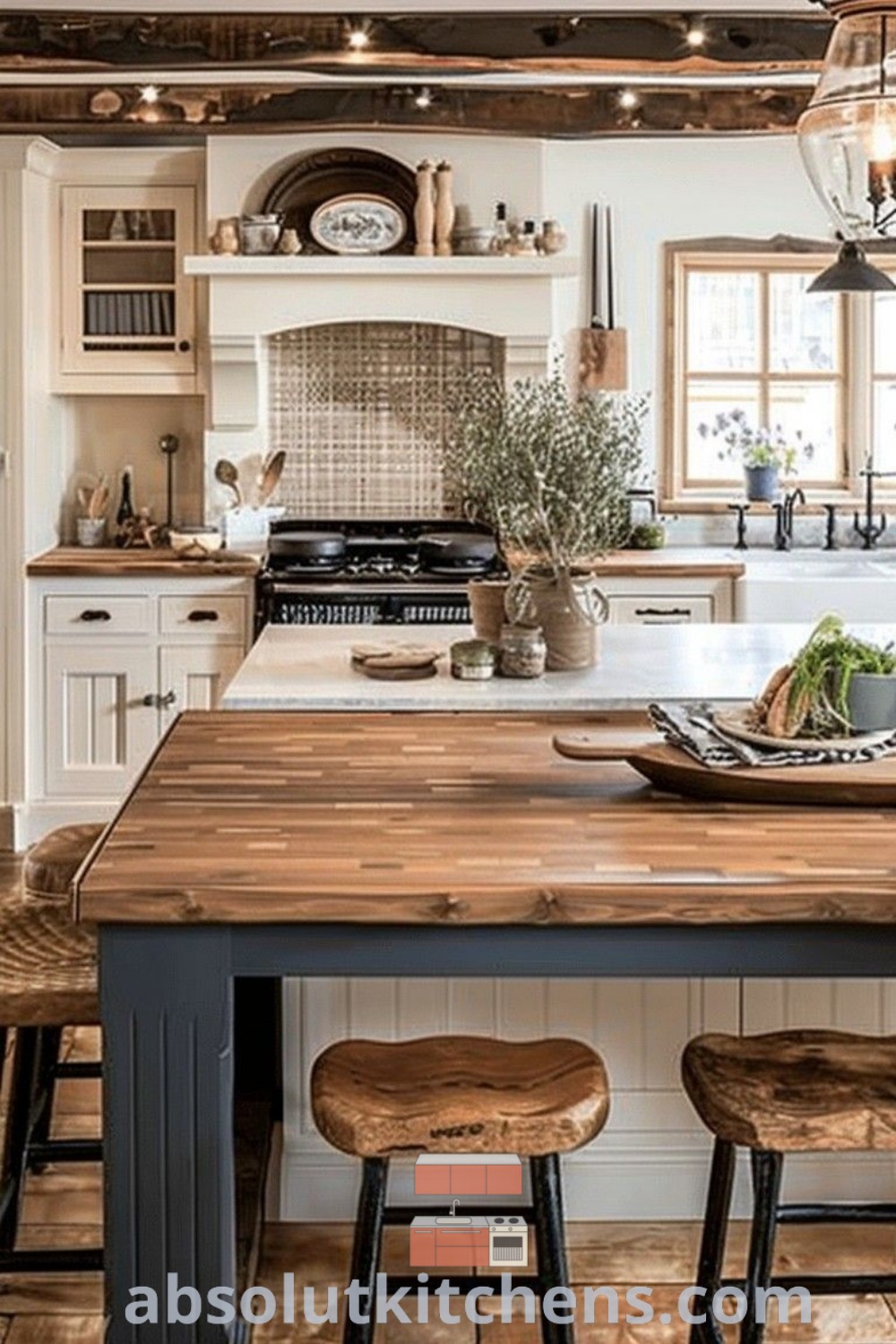 A beautifully designed farmhouse kitchen with a brown island and seating next to the countertop. This space showcases cream and wood elements, offering inviting island seating ideas and budget-friendly cabinetry. Discover cozy aesthetic inspirations and design tips for kitchens at absolutkitchens.com.
