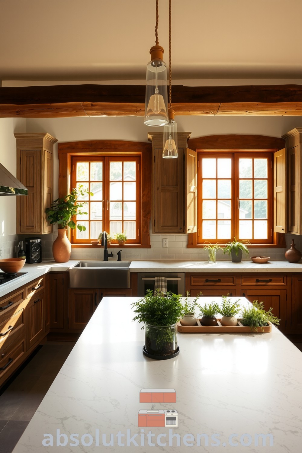 Cozy nature-inspired kitchen featuring lime-washed walls, reclaimed wood cabinetry, and a wide stone countertop, with potted herbs on the windowsill. This unique design idea from absolutkitchens.com creates a warm and inviting atmosphere for any home.