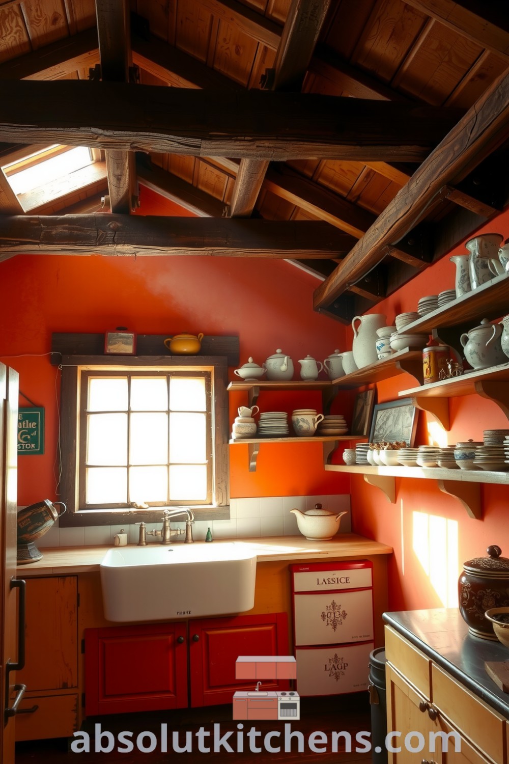 Cozy rustic kitchen featuring warm orange tones, weathered wooden beams, open shelves with ceramic dishes, and a farmhouse sink, creating a nostalgic and inviting atmosphere perfect for your home. Visit absolutkitchens.com for more unique ideas and design inspirations.